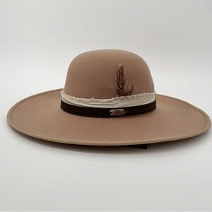 Frye Felt Boater Hat Tan Taupe Cream Western Neutral Leather Band Chic